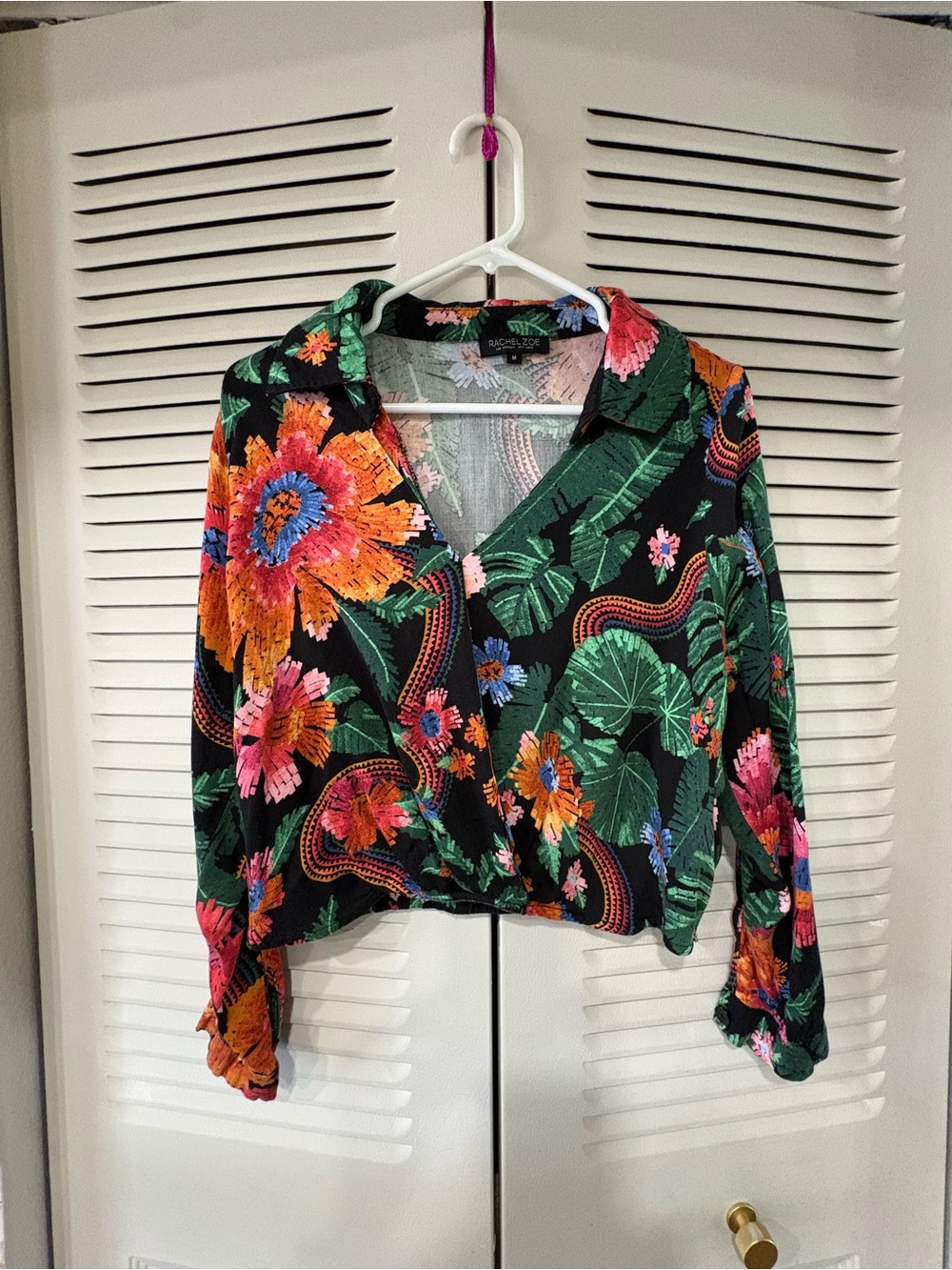 Rachel Zoe Black Floral Tropical Crop Shirt with Orange Pink Green Accents